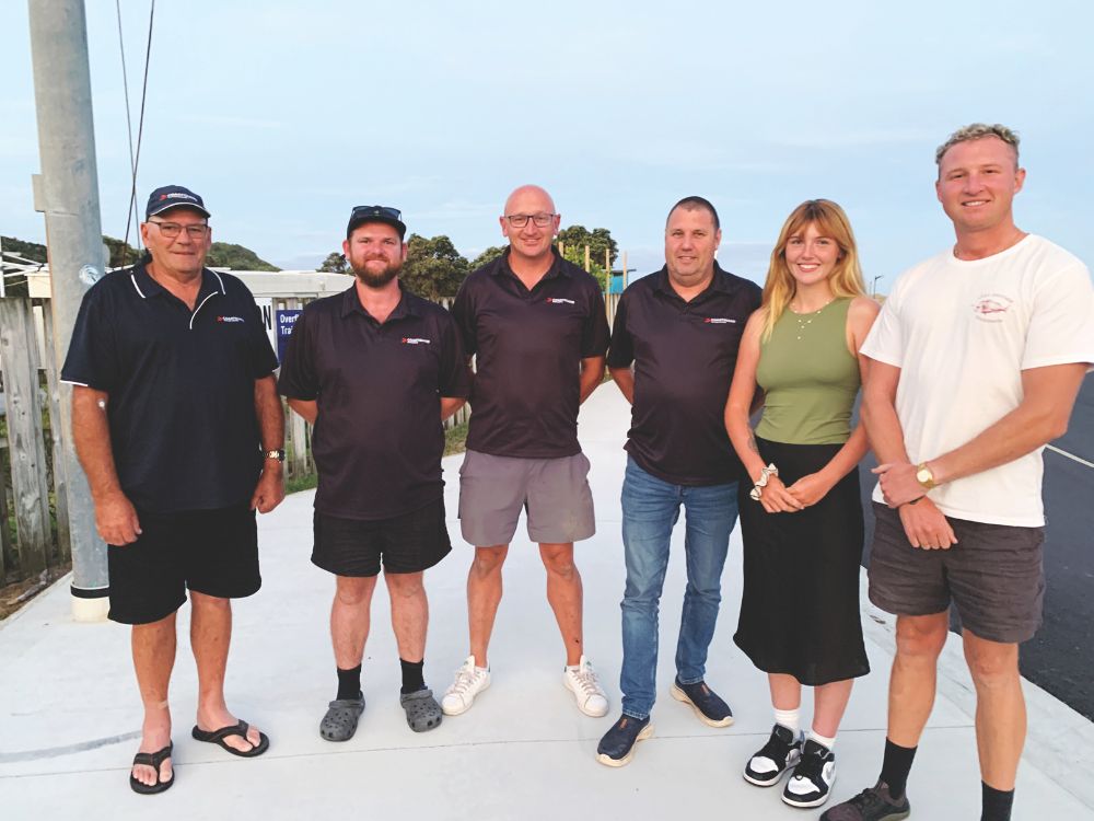 The Coastguard Mangawhai crew (from left) Glen Viggars, Adam Brown, Andy Fallon and skipper Roy Pearson are reunited with Muritai’s crew. (Absent – crewman Bruce Pain.)