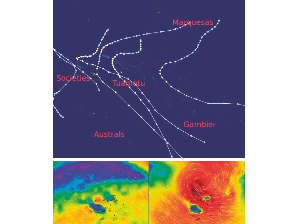 Cyclone tracks through French Polynesia, 1982-3; Predictwind’s GFS model with varying predictions.