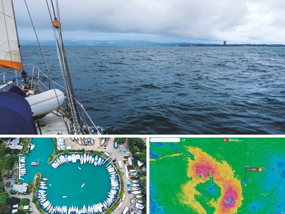 Grey and rainy weather is common in Fiji in July and August; Cyclone basin at Vuda Marina, Fiji; Lows passing to the west of Fiji.