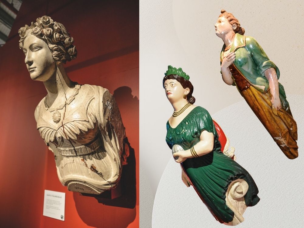 (L) The 'Orpheus' figurehead in Auckland's Maritime Museum – there is. considerable doubt about its provenance. (R) Two figureheads in the South Australian Maritime Museum.
