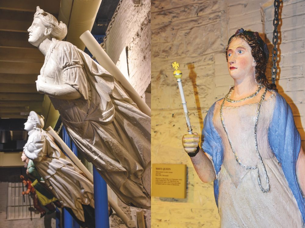 (R) Figurehead from the 250-tonne Wave Queen (built 1861) in England.