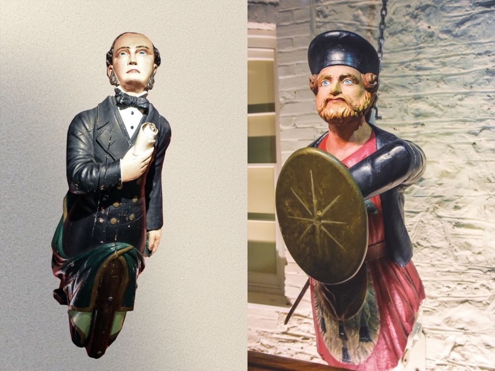 (L) Displayed in Auckland's Maritime Museum, this figurehead graced the bow of the Scottish barque William Manson (1872). (R) Fearsome effigies designed to strike terror in enemies.