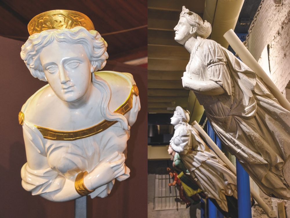 (L) The graceful figurehead from the Star of Greece, built in 1868 in Belfast. She's displayed in the South Australian Maritime Museum. (R) An array of figureheads in the South Australian Maritime Museum. Its collection of 17 figureheads is the largest in the Southern Hemisphere.