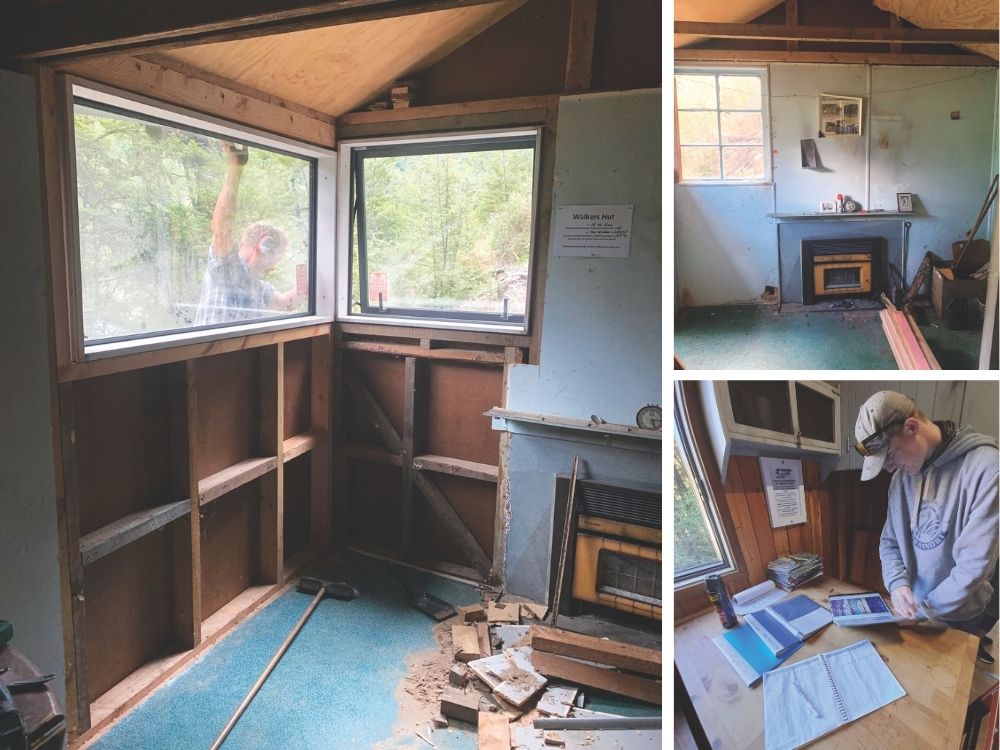 Original rundown condition of Walker's Hut (below) and the hut during refurbishment; Angus Fraser looking at historic photos in Walker's Hut. // Photo credit: Tom Fraser