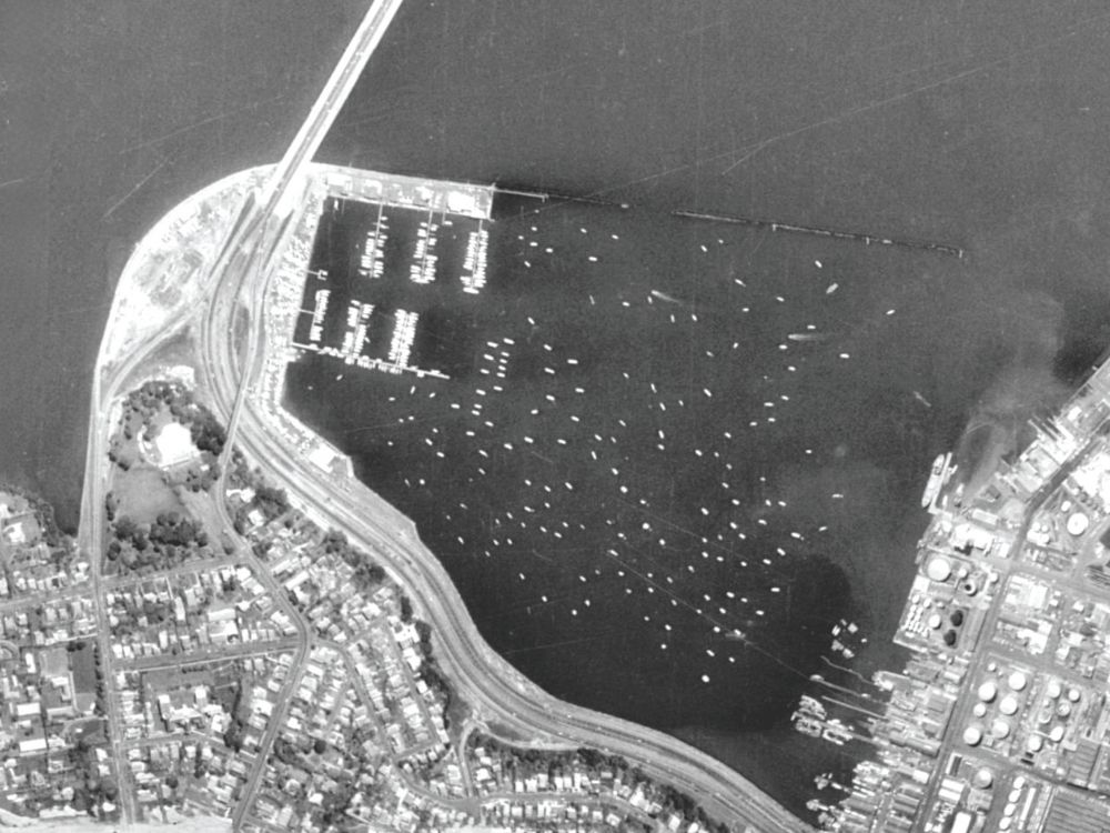 St Mary's Bay Boat Harbour circa 1960 with the Harbour Bridge opened.