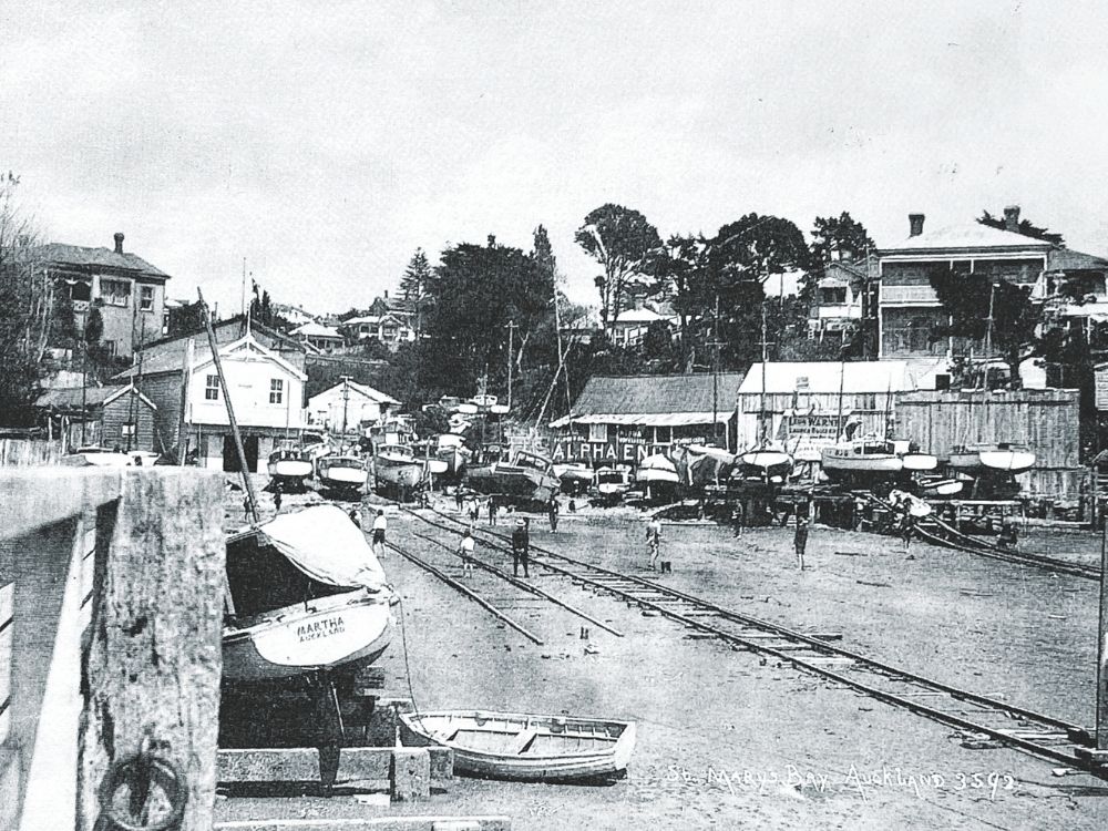 St Mary's Bay boatbuilders' sheds and slips, circa 1913 (Alexander Turnbull Library)