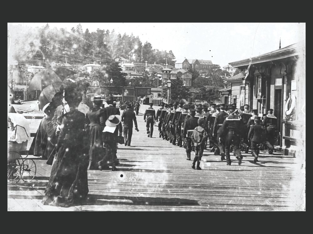 A detachment of the Ponsonby Naval Artillery Volunteers marching from the Devonport Ferry Wharf to one of the nearby coastal batteries.