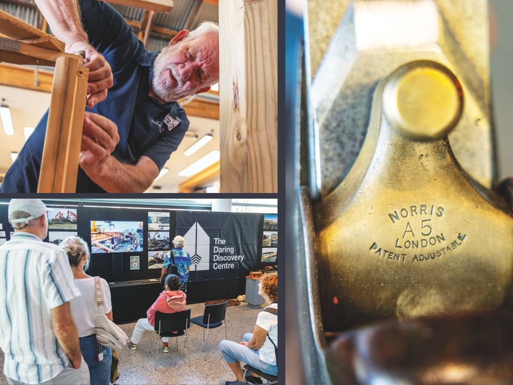 Clockwise from top left: Boatbuilders School; the Norris A5 plane; the Daring display in the Events Centre at the 2026 Auckland Wooden Boat Festival. // Photo credit: Roger Mills