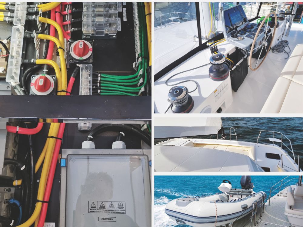The foredeck offers direct access to the saloon, sail controls lead back to the flybridge helm station, access to engines and electrics is good, and there's space for a decent tender.