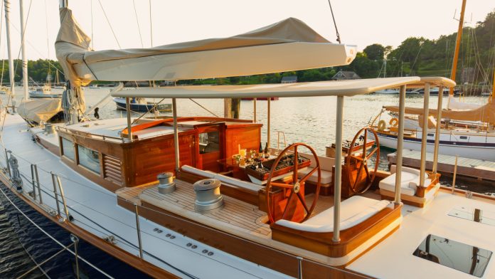 Ouzel lies alongside the dock at Rockport Marine in Rockport, Maine. // Photo credit: Russell Kaye