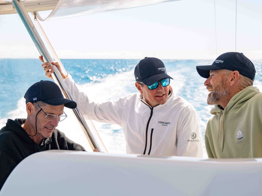 Andy Smith, Ryan Leigh-Smith & Simon Carosi aboard Weapon, the 1999 Norman Wright Custom 63 Sports Fisher.