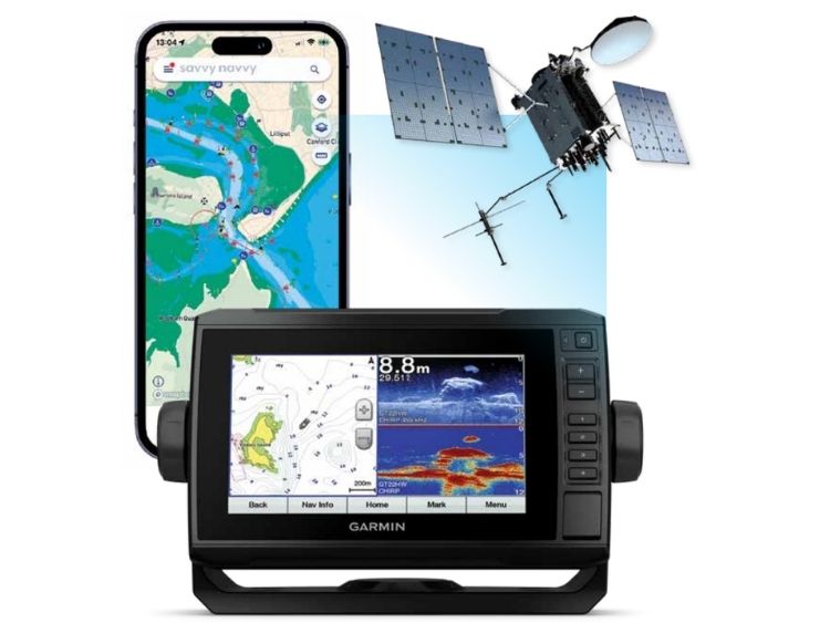 Modern satellite-driven GPS-reliant electronic charts displayed on a phone and a multi-function display. // Supplied
