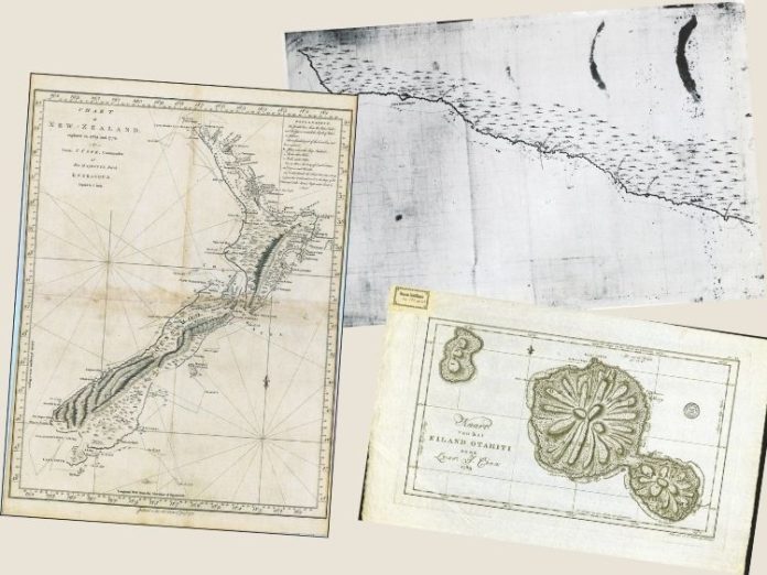 Cook's charts of New Zealand and Botany Bay, Australia, and a Dutch copy of his map of Tahiti. // Supplied Cook's charts of New Zealand and Botany Bay, Australia, and a Dutch copy of his map of Tahiti. // Supplied