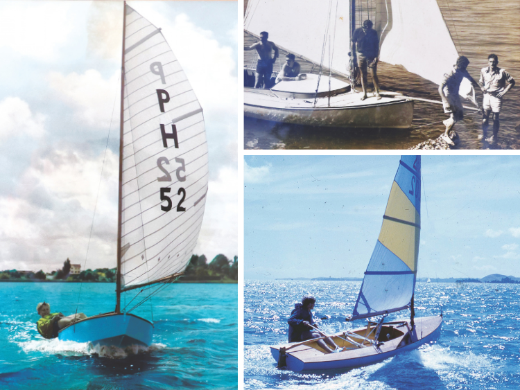Clockwise from left: Faire racing his P Class 1959; Brian and Jim Faire with their V Class Jeanette in 1939; Faire racing his five time championship-winning Zephyr. // Photo courtesy John Faire and family