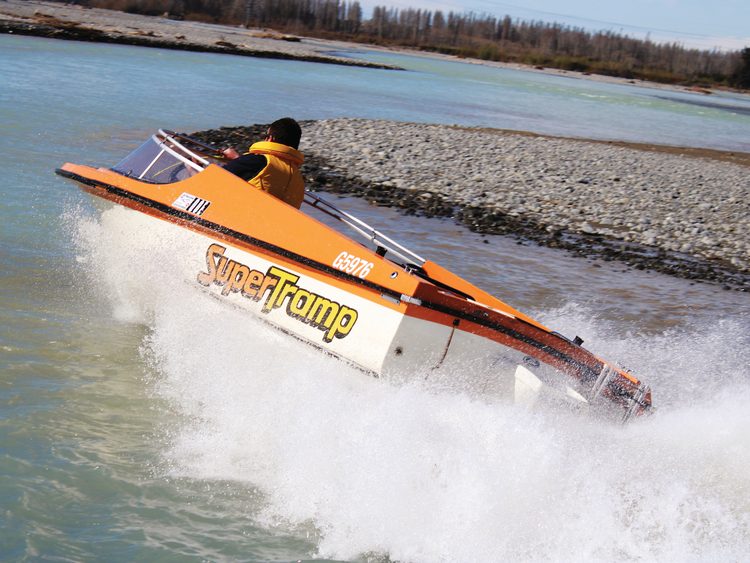 Jared France putting SuperTramp through her paces on the Waimakariri.