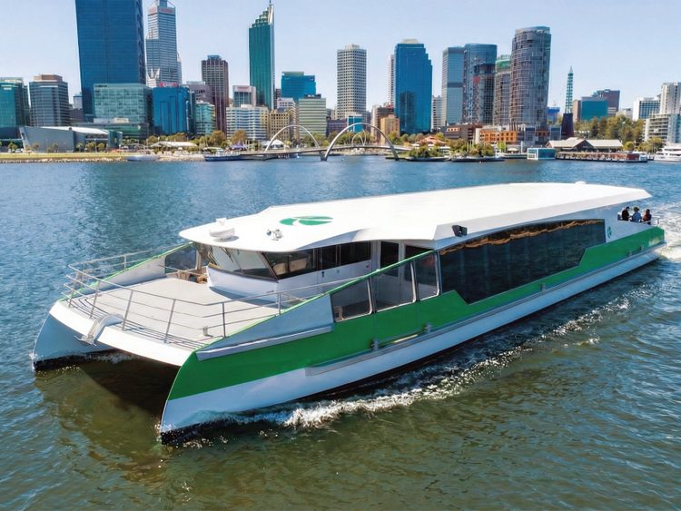 Perth’s new fast ferries (green) will be based on EV Marine’s EVM2000 platform. PTA Electric Ferry (Source Echo Marine Group & One2Three Naval Architects).
