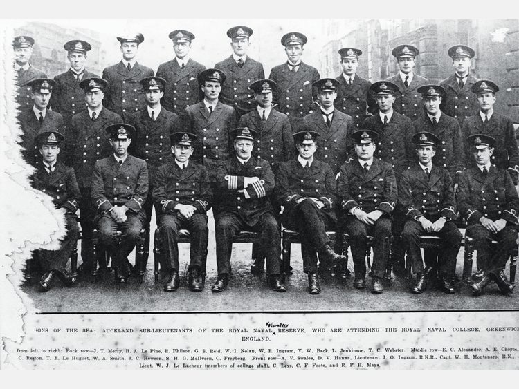 A section of the RNVR Sub-lieutenants at Greenwich Naval College, early 1917. Charles Webster is at far right in the back row.