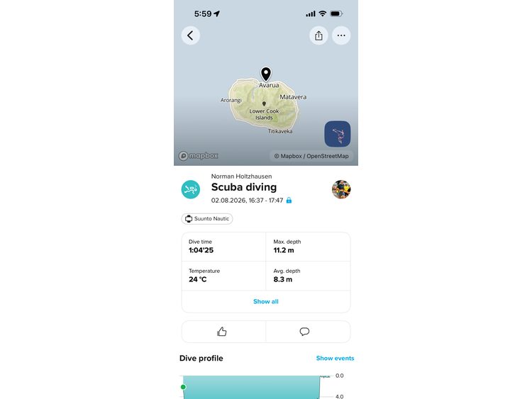 5. The app shows all the parameters of the dive and location.