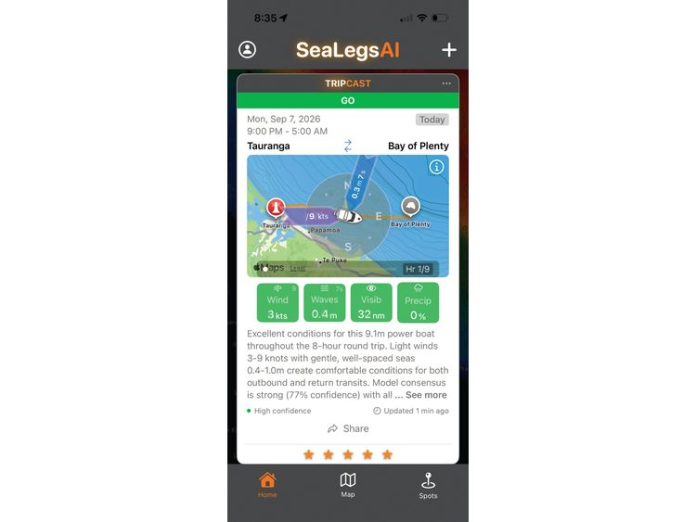 Tripcast Tauranga Bay of Plenty. SeaLegs AI delivers AI-powered marine weather forecasts and fishing intelligence and is now available for the New Zealand region.