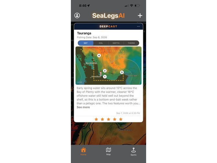 SeaLegs AI delivers AI-powered marine weather forecasts and fishing intelligence and is now available for the New Zealand region.