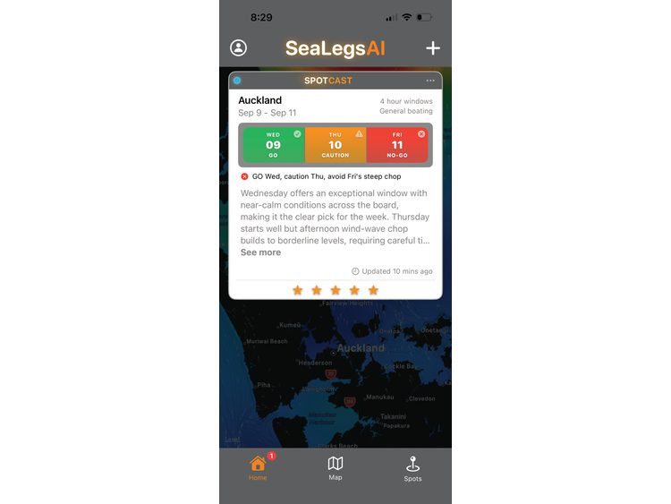 Spotcast Auckland. SeaLegs AI delivers AI-powered marine weather forecasts and fishing intelligence and is now available for the New Zealand region.