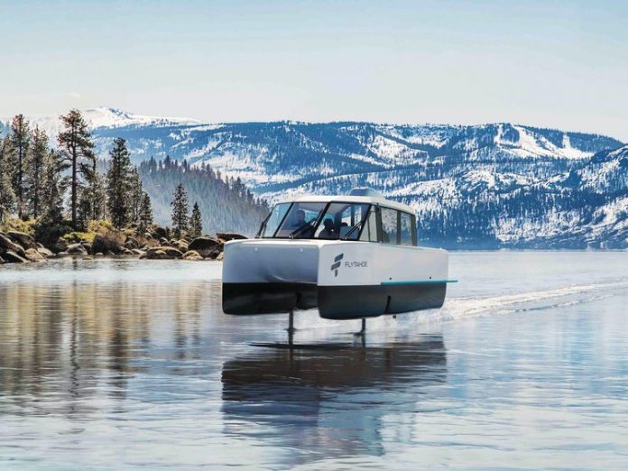 Vessev hits USA A render of FlyTahoe's VS–9, the electric hydrofoiling vessel set to operate on Lake Tahoe. Image courtesy of Vessev.