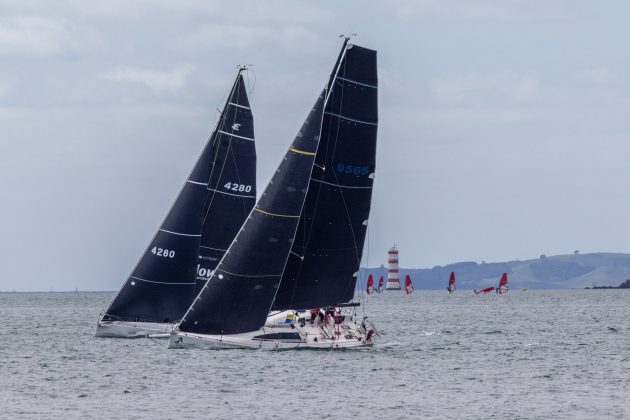 Mojo and Perfect Storm near the finish line of the 2026 Roy McDell Memorial Cup.
