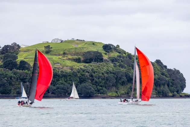 The fleet just after the start gun in the 2026 Roy McDell Memorial Cup.