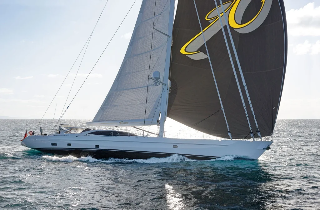 Encore stretches her legs under sail, carrying a 60m Southern Spars carbon mast and carbon boom - Encore superyacht // Photo courtesy McD Yachts