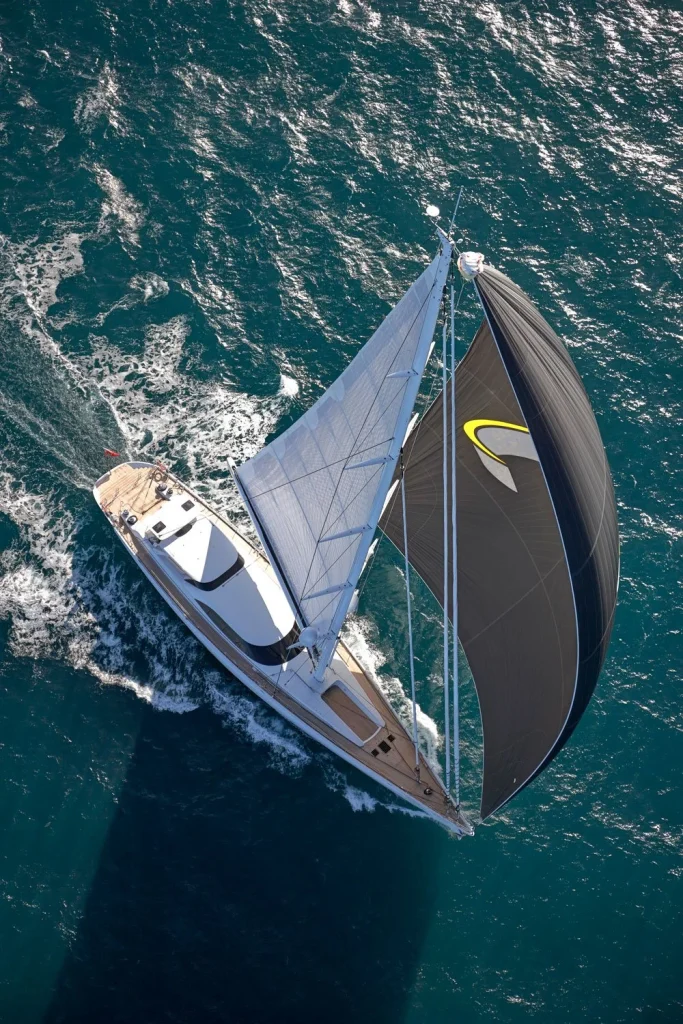 Seen from above, Encore spreads her sail plan over a slender aluminium hull and broad teak decks - Encore superyacht // Photo courtesy McD Yachts