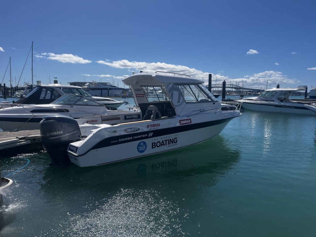 Boating New Zealand’s Haines Hunter SS66 back at home at Orams Marine after a big day out at Whangaparoa with the NZOPA 2026-2027 Gulf Harbour round. // Photo credit Kirsten Thomas