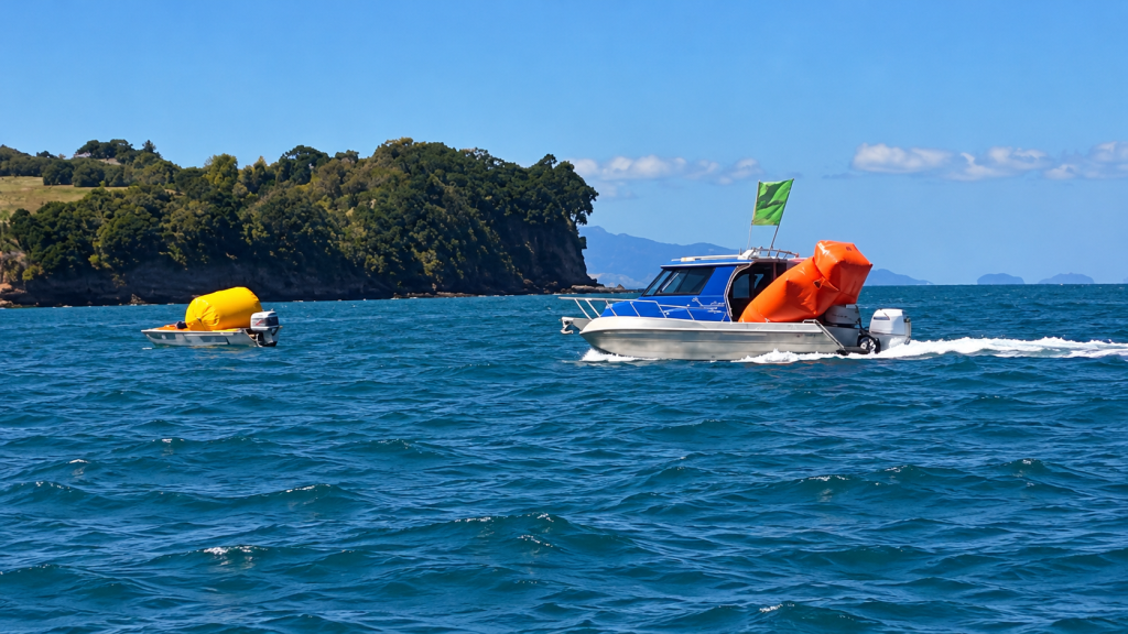 Race and support boats retrieve race buoys at the end of the NZOPA 2026-2027 Gulf Harbour event. // Photo credit: Kirsten Thomas