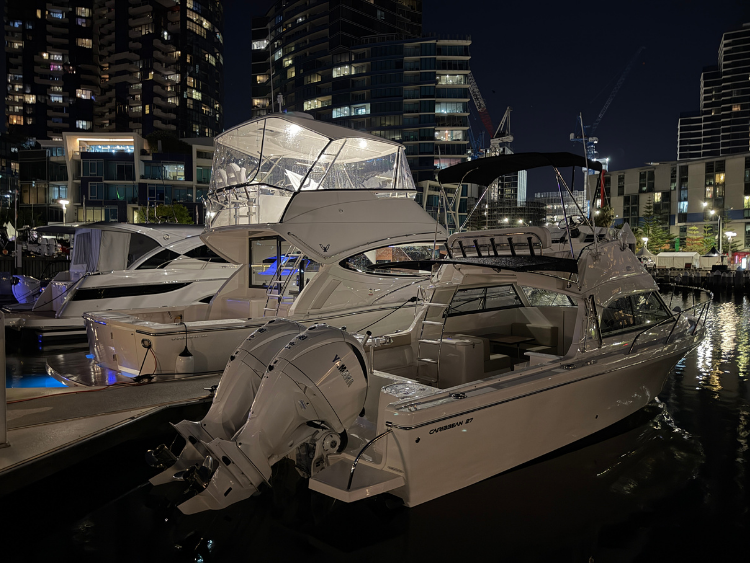 The Caribbean 27F Flybridge, foreground, and 40F Flybridge Cruiser at Docklands after making their Melbourne debuts. // Photo courtesy: Maritimo Yachts